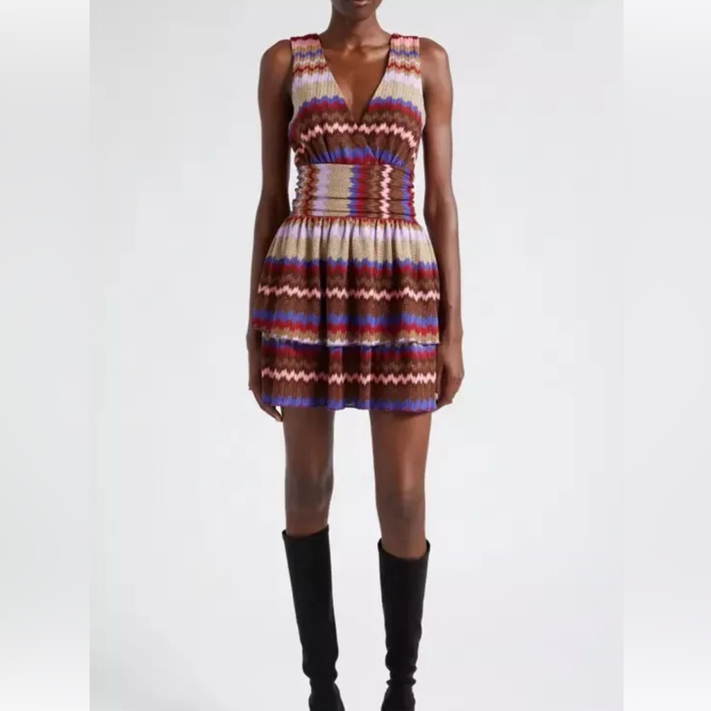 New $445 Ramy Brook Laura Mini Dress Women's Tiered Zigzag Metallic Sz M
